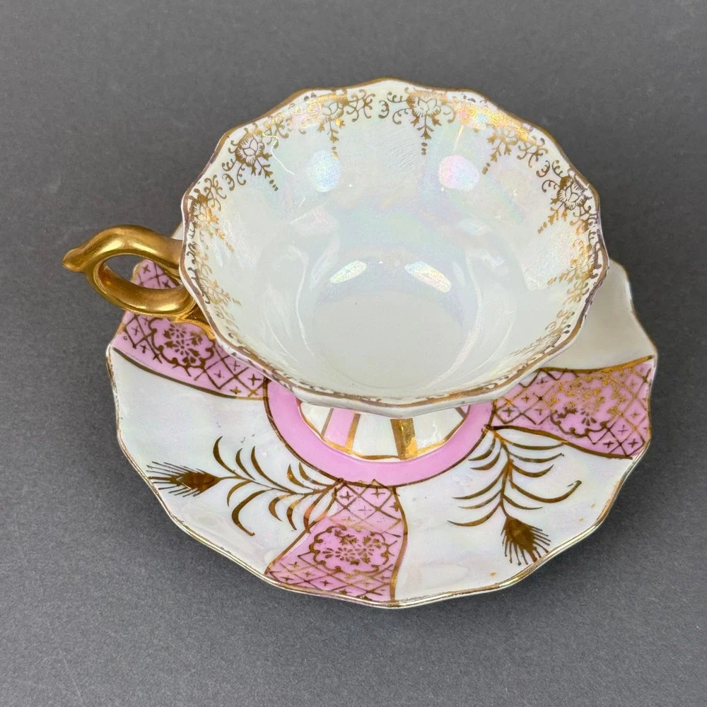 Vintage Teacup and Saucer Set Pink Gold Lusterware Iridescent hand painted